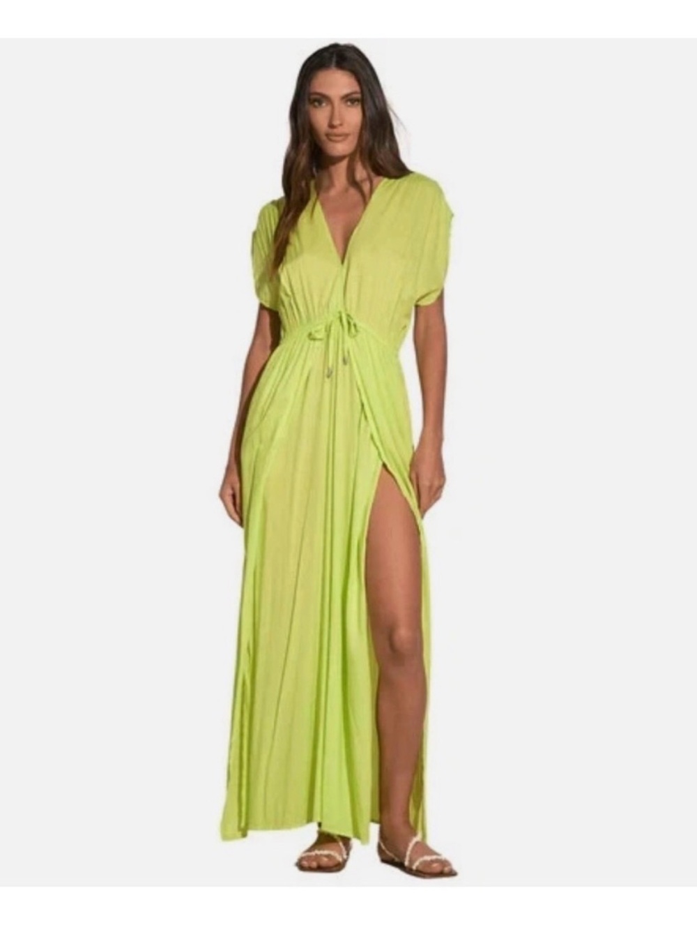 Elan Lime Green V-Neck Drawstring swim cover up